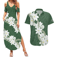 Ia Orana Tahiti Tiare Couples Matching Summer Maxi Dress and Hawaiian Shirt Sage Green Lei LT7 Sage Green - Polynesian Pride