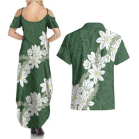 Ia Orana Tahiti Tiare Couples Matching Summer Maxi Dress and Hawaiian Shirt Sage Green Lei LT7 - Polynesian Pride