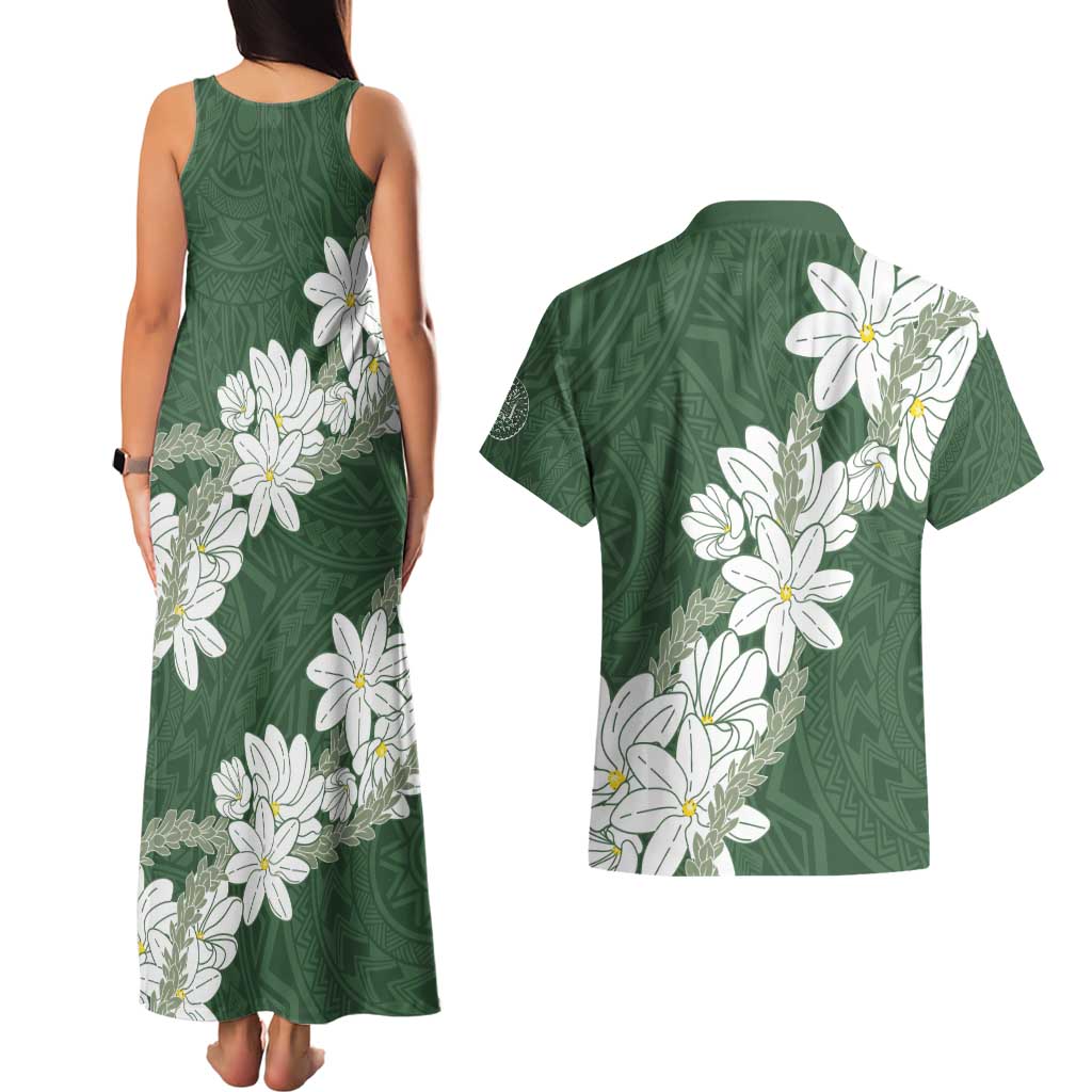 Ia Orana Tahiti Tiare Couples Matching Tank Maxi Dress and Hawaiian Shirt Sage Green Lei LT7 - Polynesian Pride