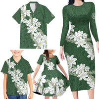 Ia Orana Tahiti Tiare Family Matching Long Sleeve Bodycon Dress and Hawaiian Shirt Sage Green Lei - Polynesian Pride
