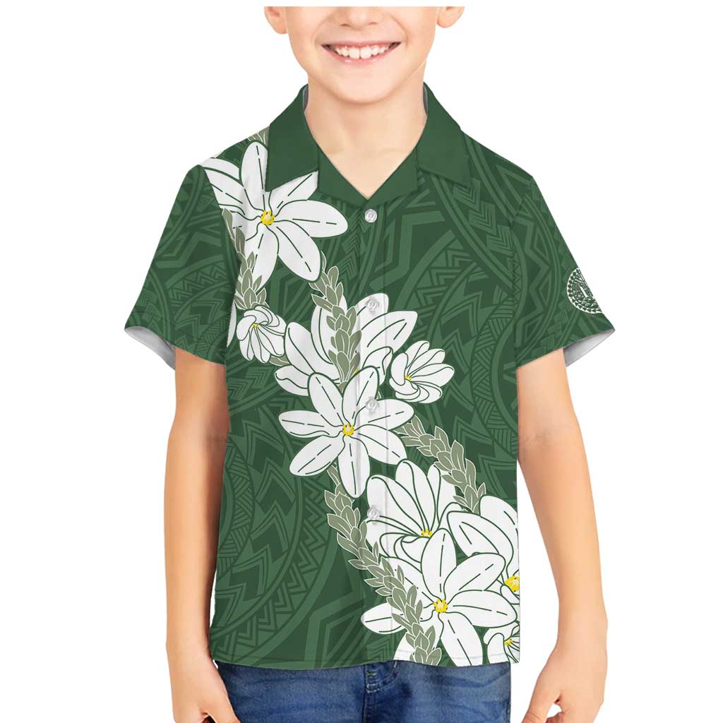 Ia Orana Tahiti Tiare Family Matching Mermaid Dress and Hawaiian Shirt Sage Green Lei - Polynesian Pride