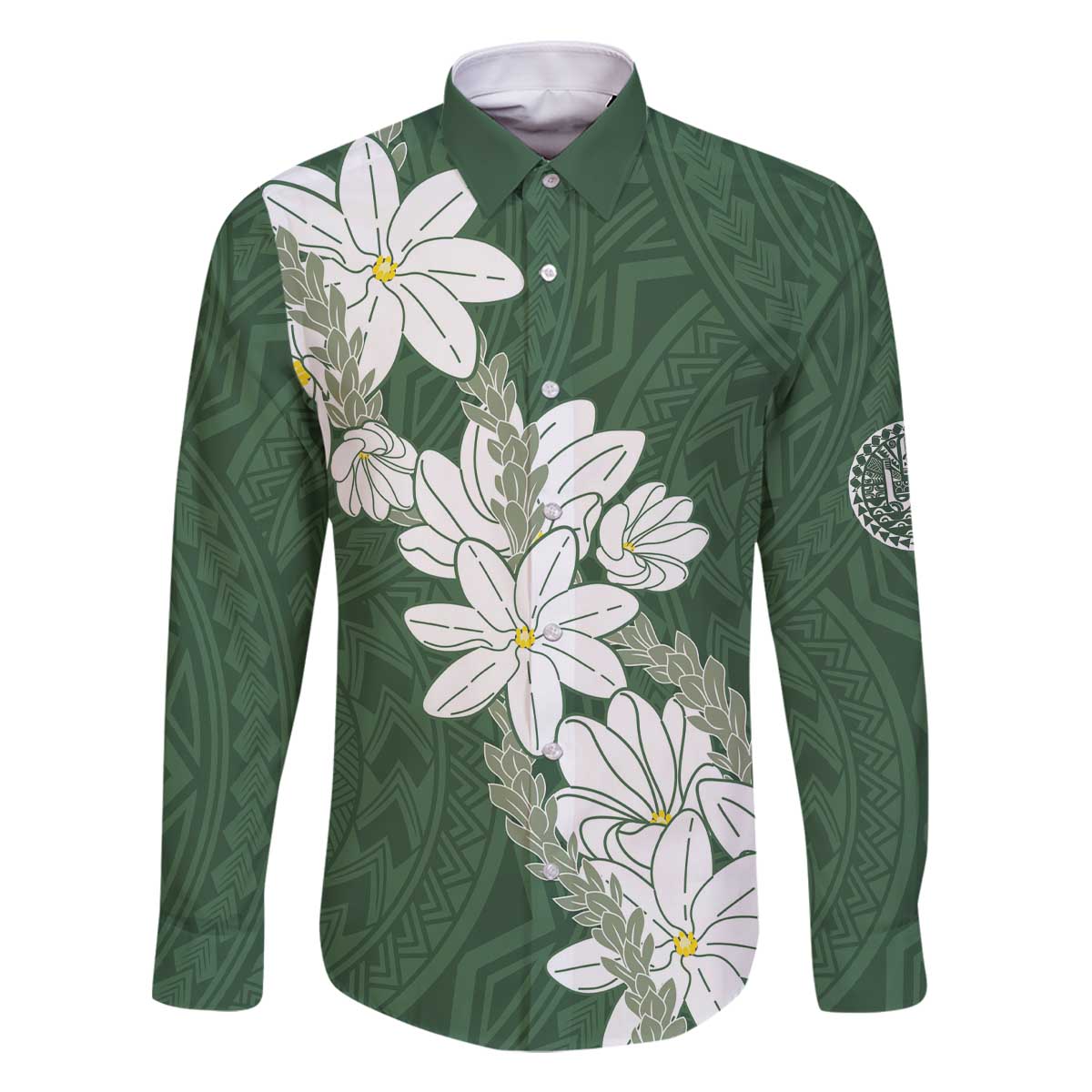 Ia Orana Tahiti Tiare Family Matching Off The Shoulder Long Sleeve Dress and Hawaiian Shirt Sage Green Lei - Polynesian Pride