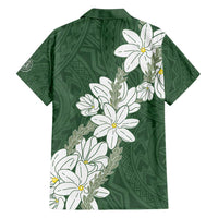 Ia Orana Tahiti Tiare Family Matching Off Shoulder Maxi Dress and Hawaiian Shirt Sage Green Lei - Polynesian Pride