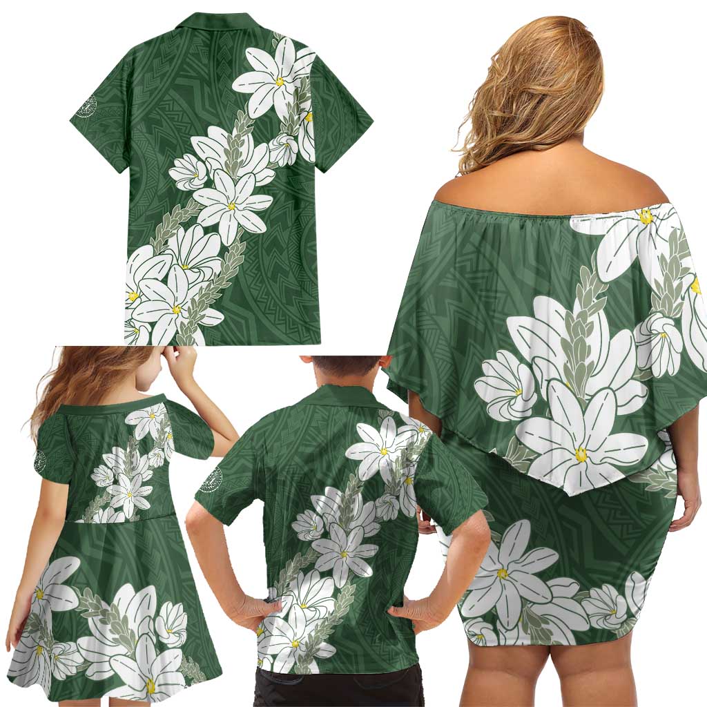 Ia Orana Tahiti Tiare Family Matching Off Shoulder Short Dress and Hawaiian Shirt Sage Green Lei - Polynesian Pride