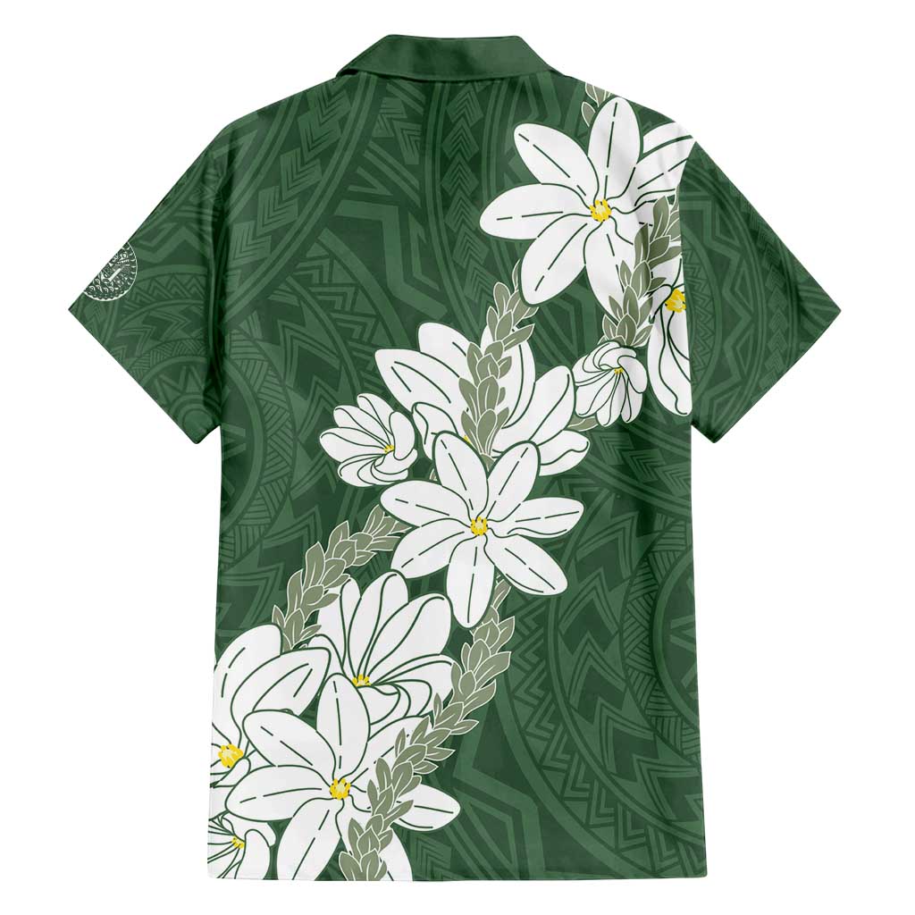 Ia Orana Tahiti Tiare Family Matching Off Shoulder Short Dress and Hawaiian Shirt Sage Green Lei - Polynesian Pride