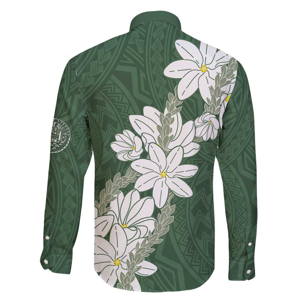 Ia Orana Tahiti Tiare Family Matching Off Shoulder Short Dress and Hawaiian Shirt Sage Green Lei - Polynesian Pride