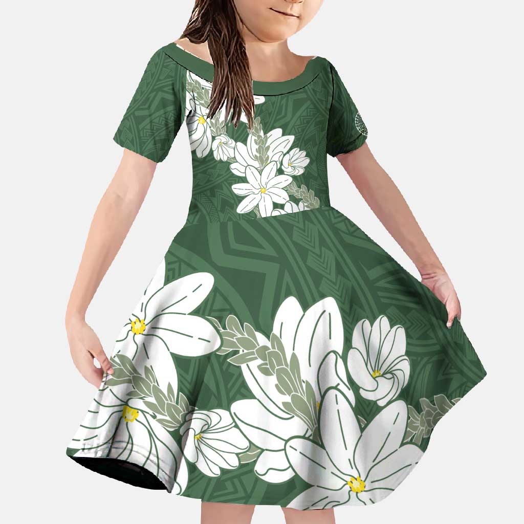 Ia Orana Tahiti Tiare Family Matching Short Sleeve Bodycon Dress and Hawaiian Shirt Sage Green Lei - Polynesian Pride