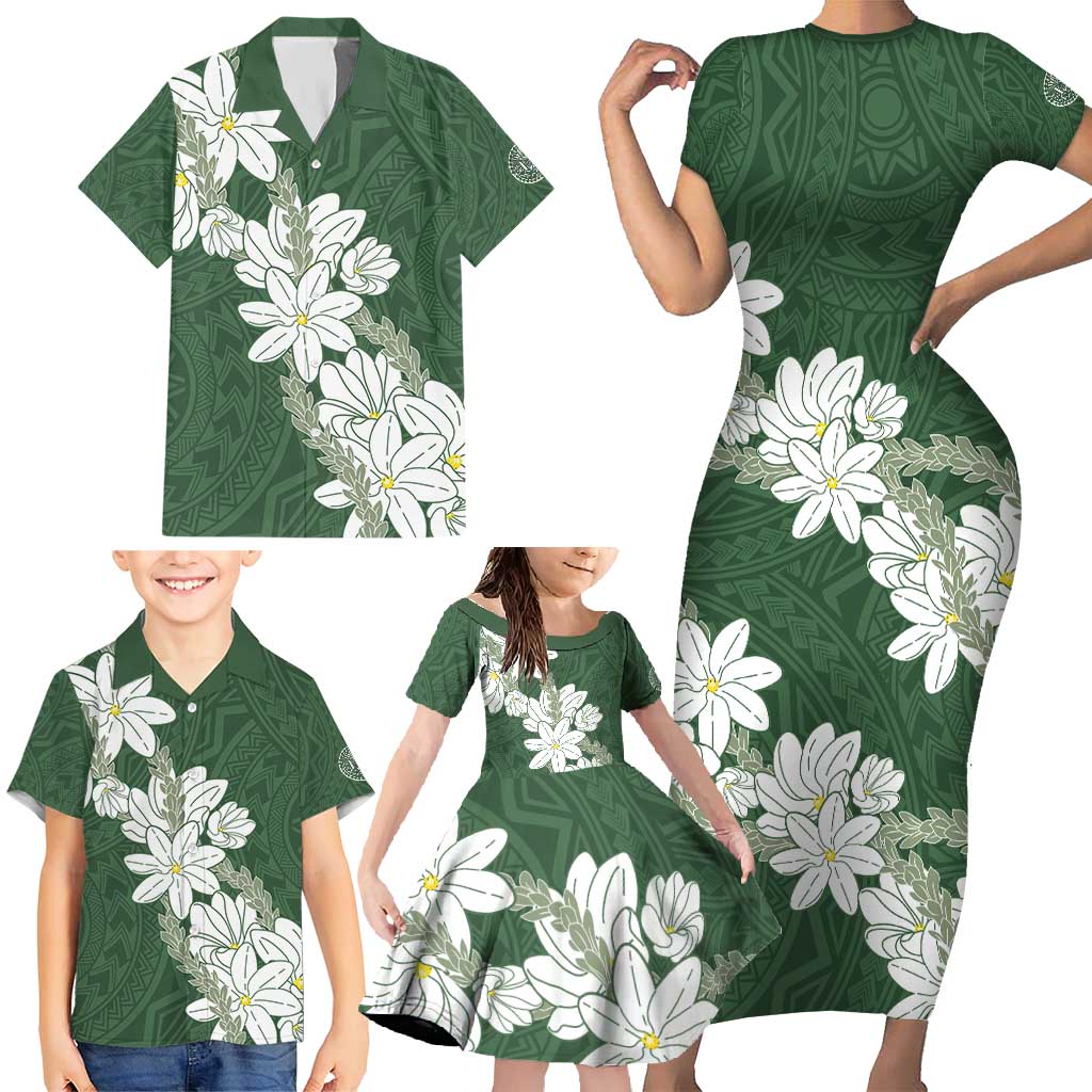 Ia Orana Tahiti Tiare Family Matching Short Sleeve Bodycon Dress and Hawaiian Shirt Sage Green Lei - Polynesian Pride