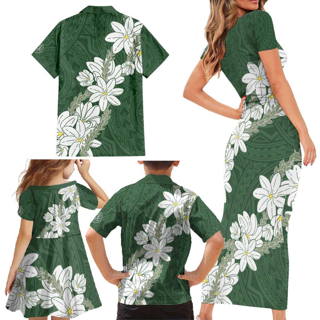 Ia Orana Tahiti Tiare Family Matching Short Sleeve Bodycon Dress and Hawaiian Shirt Sage Green Lei - Polynesian Pride