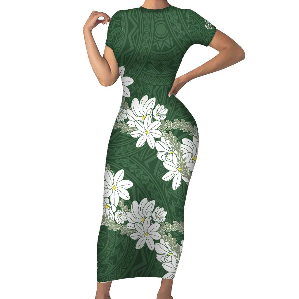 Ia Orana Tahiti Tiare Family Matching Short Sleeve Bodycon Dress and Hawaiian Shirt Sage Green Lei - Polynesian Pride