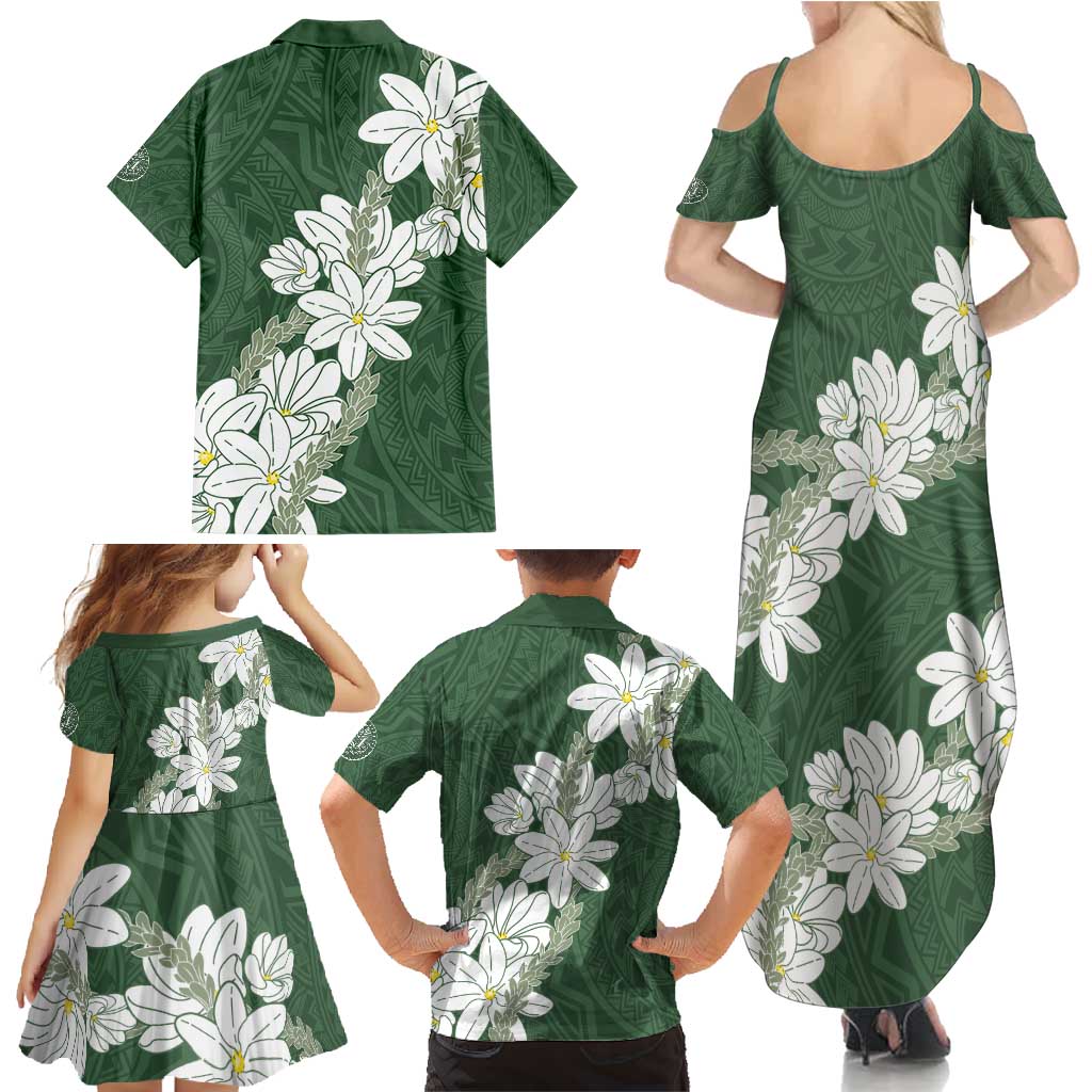 Ia Orana Tahiti Tiare Family Matching Summer Maxi Dress and Hawaiian Shirt Sage Green Lei - Polynesian Pride