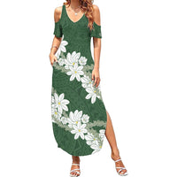 Ia Orana Tahiti Tiare Family Matching Summer Maxi Dress and Hawaiian Shirt Sage Green Lei - Polynesian Pride
