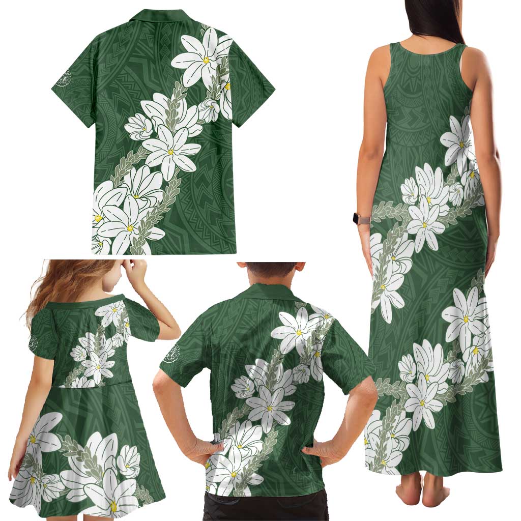 Ia Orana Tahiti Tiare Family Matching Tank Maxi Dress and Hawaiian Shirt Sage Green Lei - Polynesian Pride
