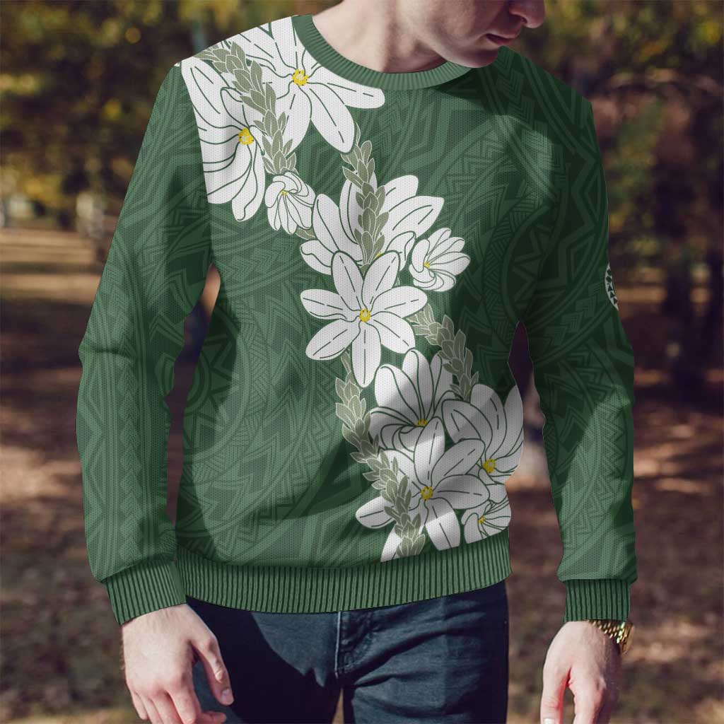 Ia Orana Tahiti Tiare Ugly Christmas Sweater Sage Green Lei - Polynesian Pride