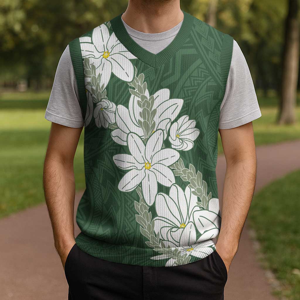 Ia Orana Tahiti Tiare Christmas Knitted V-Neck Vest Sage Green Lei - Polynesian Pride