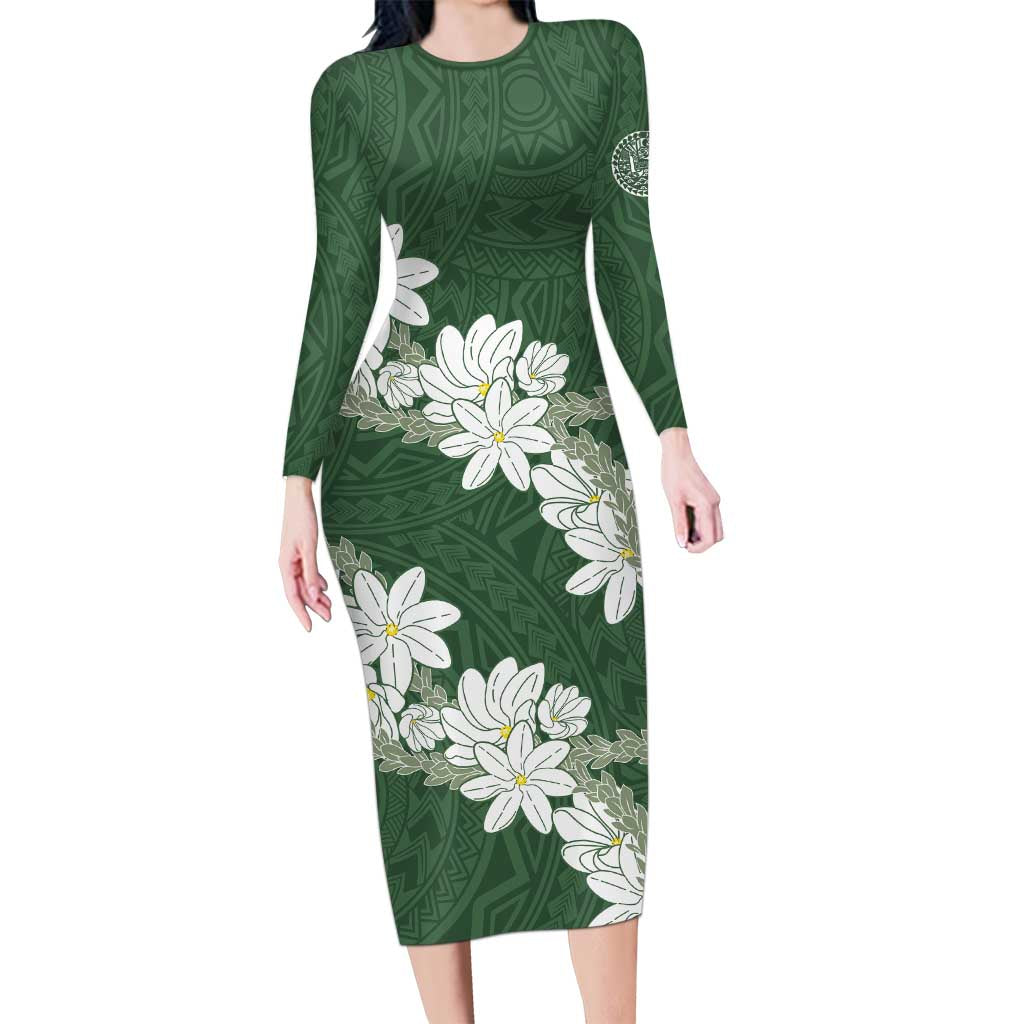 Ia Orana Tahiti Tiare Long Sleeve Bodycon Dress Sage Green Lei - Polynesian Pride