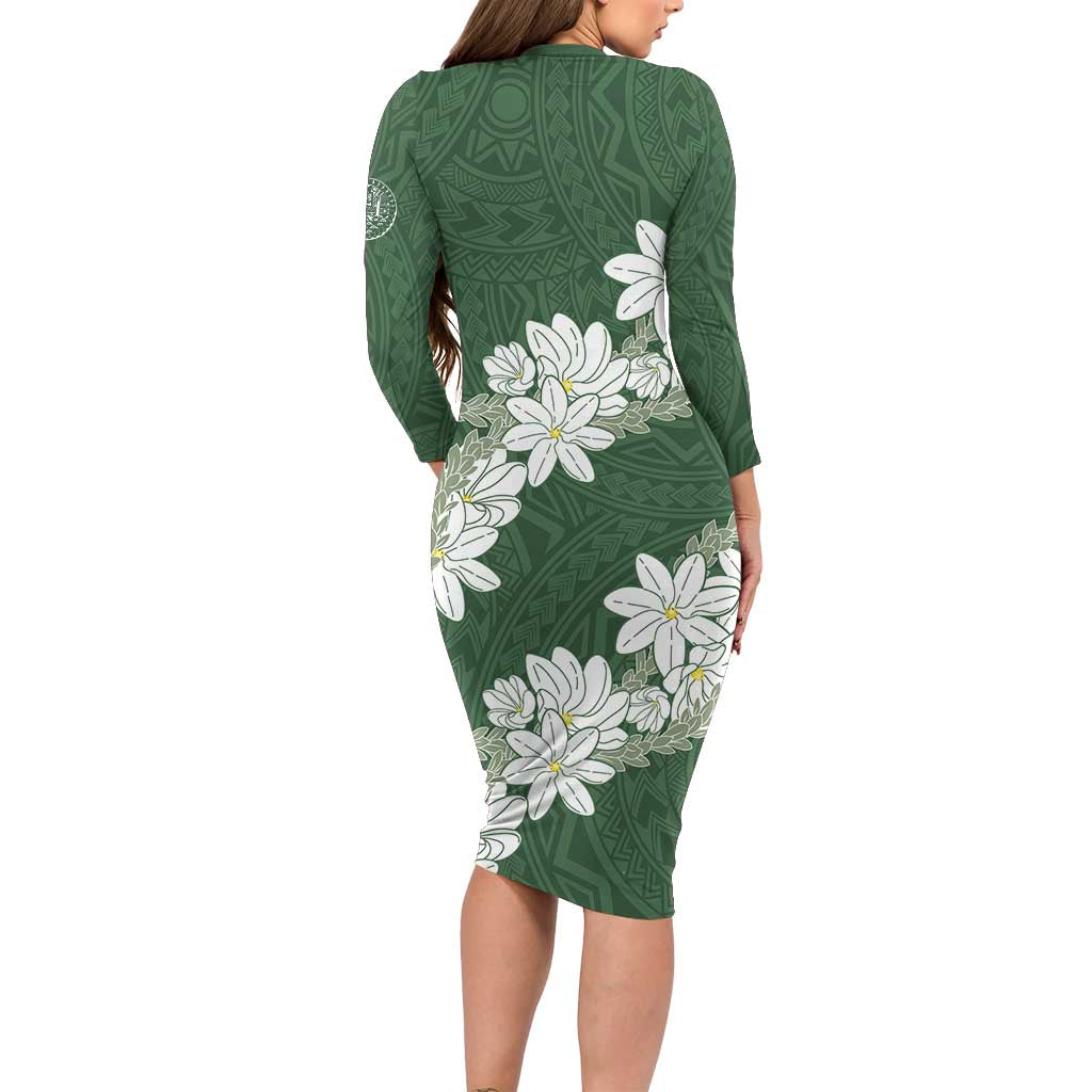 Ia Orana Tahiti Tiare Long Sleeve Bodycon Dress Sage Green Lei - Polynesian Pride