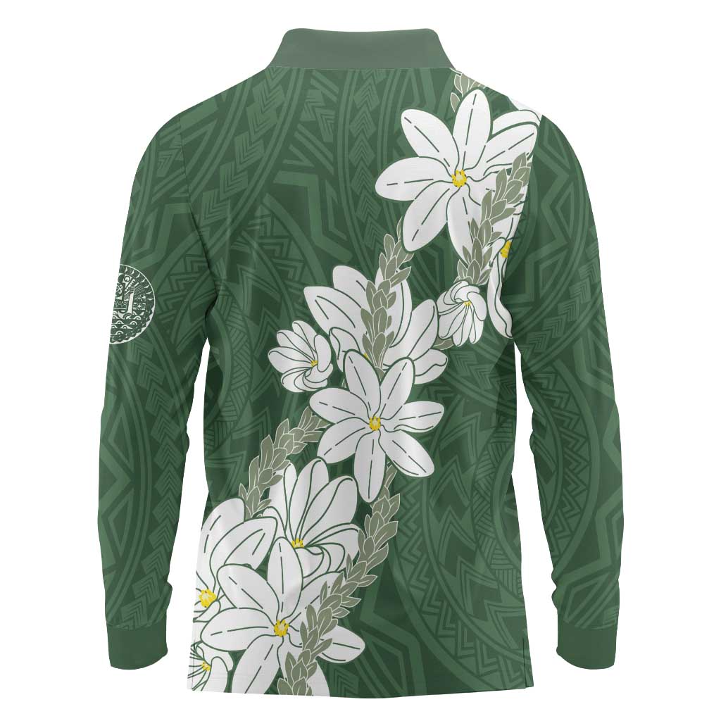 Ia Orana Tahiti Tiare Long Sleeve Polo Shirt Sage Green Lei - Polynesian Pride