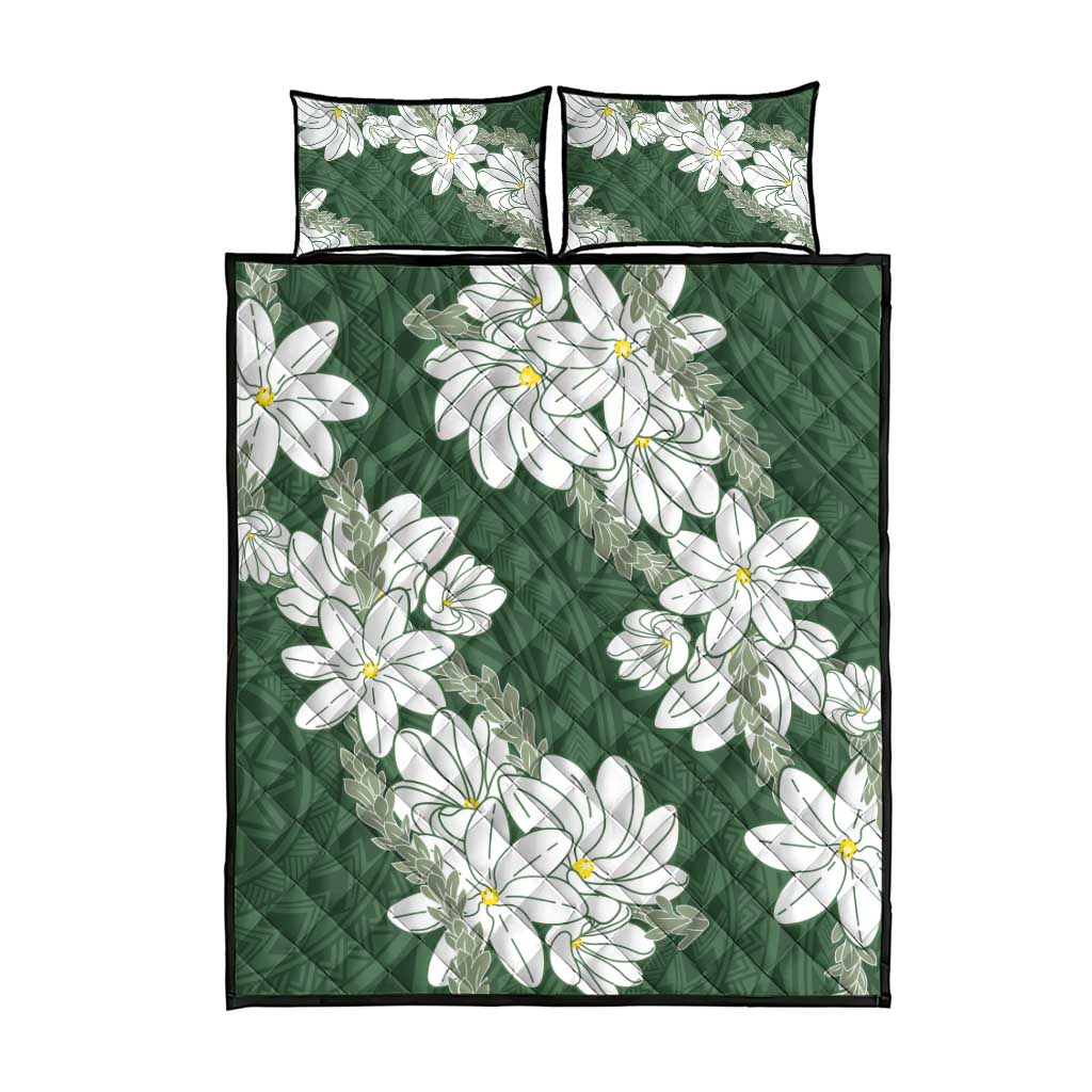 Ia Orana Tahiti Tiare Quilt Bed Set Sage Green Lei - Polynesian Pride