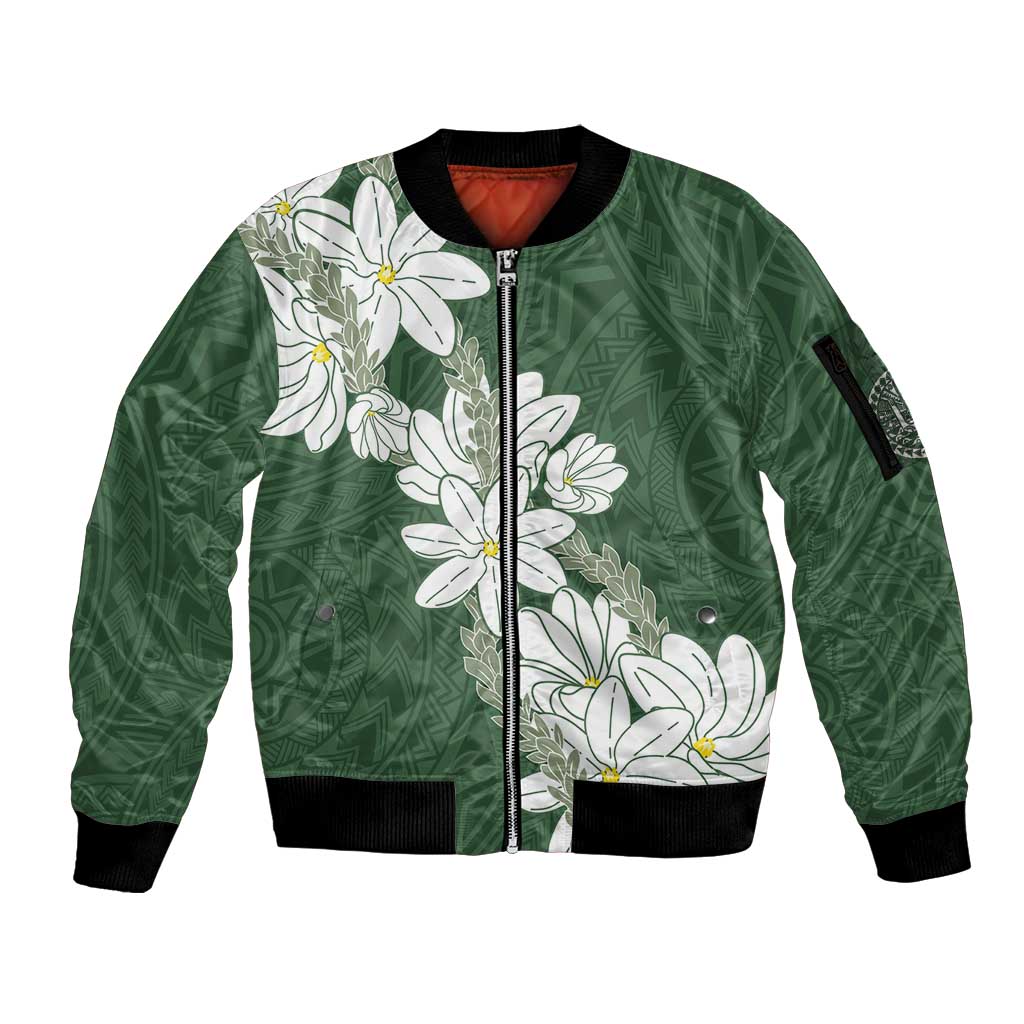 Ia Orana Tahiti Tiare Sleeve Zip Bomber Jacket Sage Green Lei - Polynesian Pride