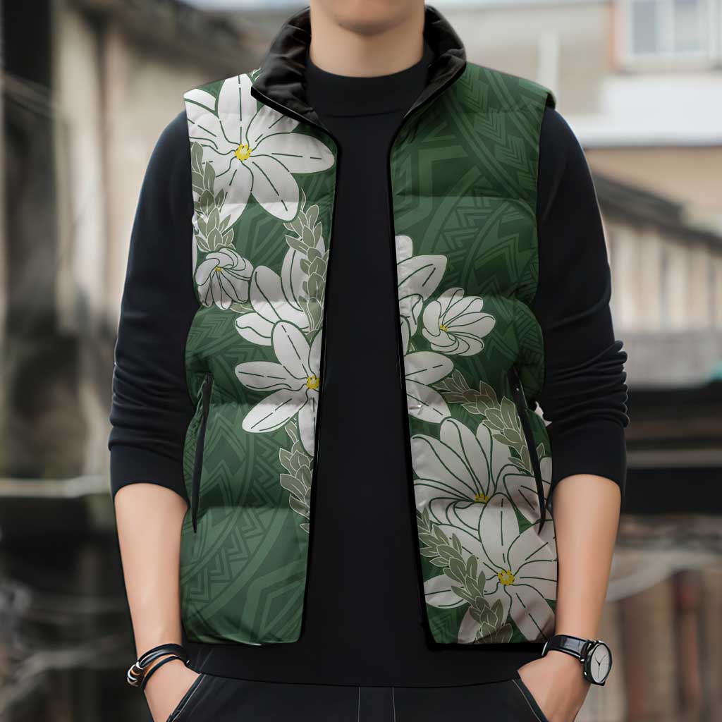 Ia Orana Tahiti Tiare Sleeveless Puffer Jacket Sage Green Lei - Polynesian Pride