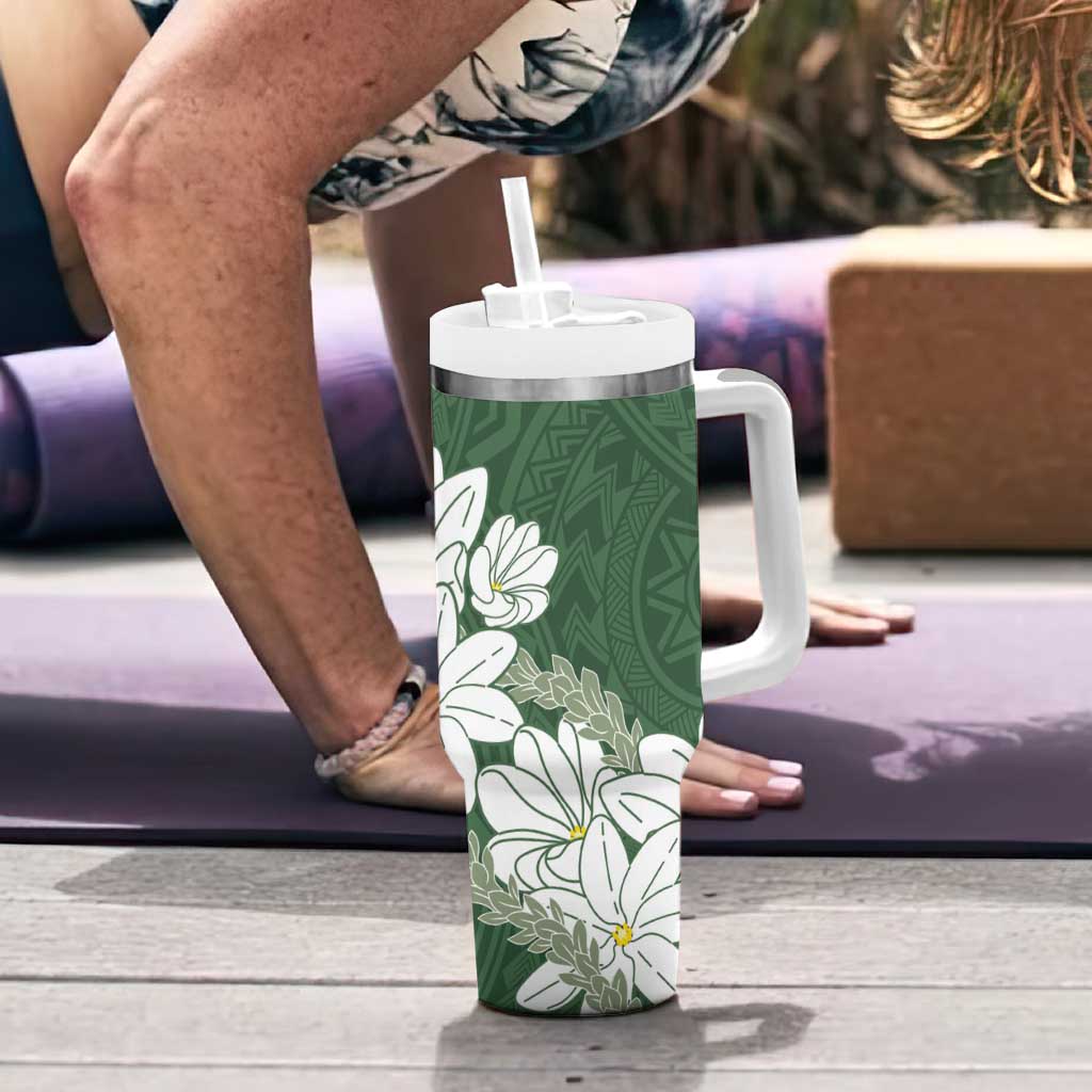Ia Orana Tahiti Tiare Tumbler With Handle Sage Green Lei - Polynesian Pride