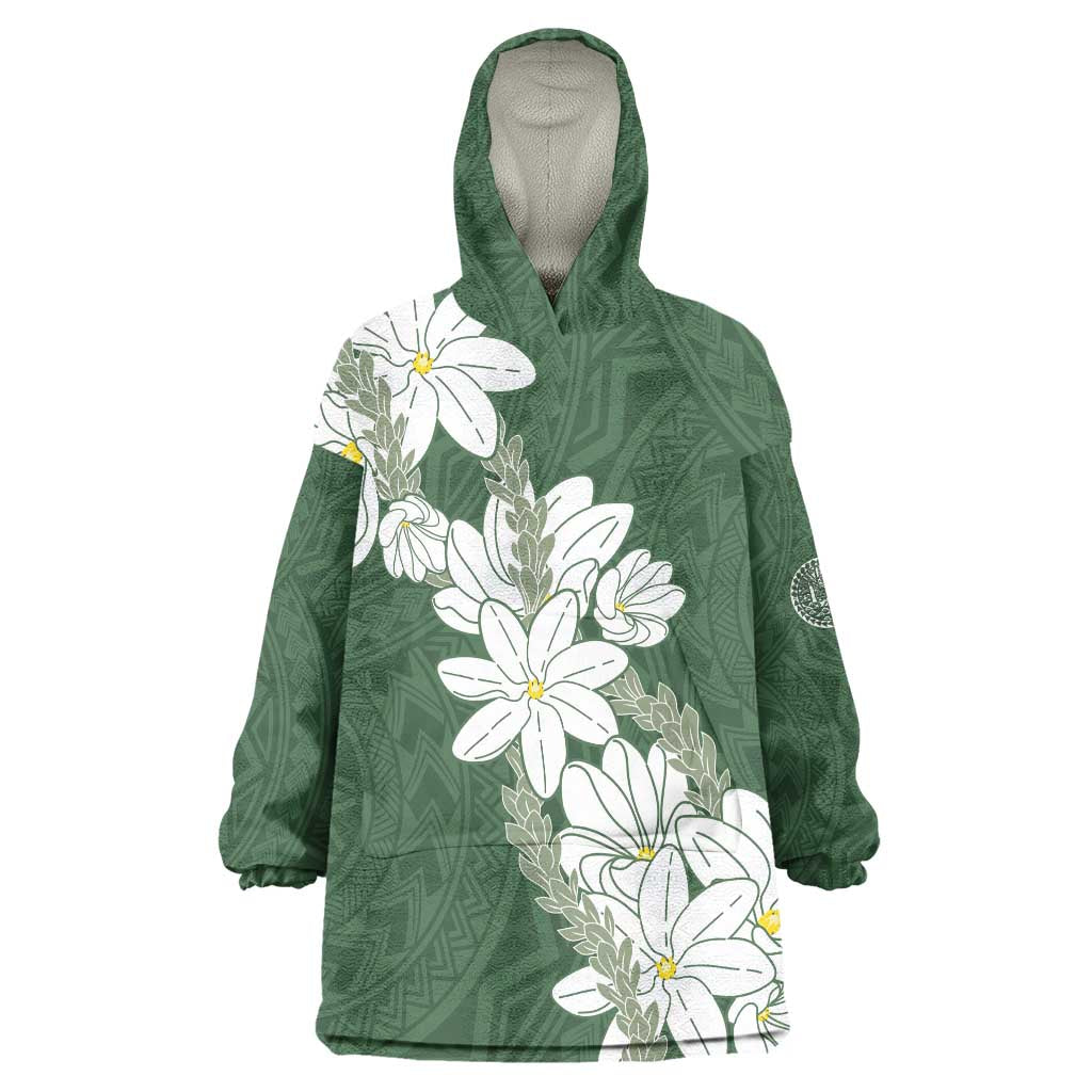 Ia Orana Tahiti Tiare Wearable Blanket Hoodie Sage Green Lei - Polynesian Pride