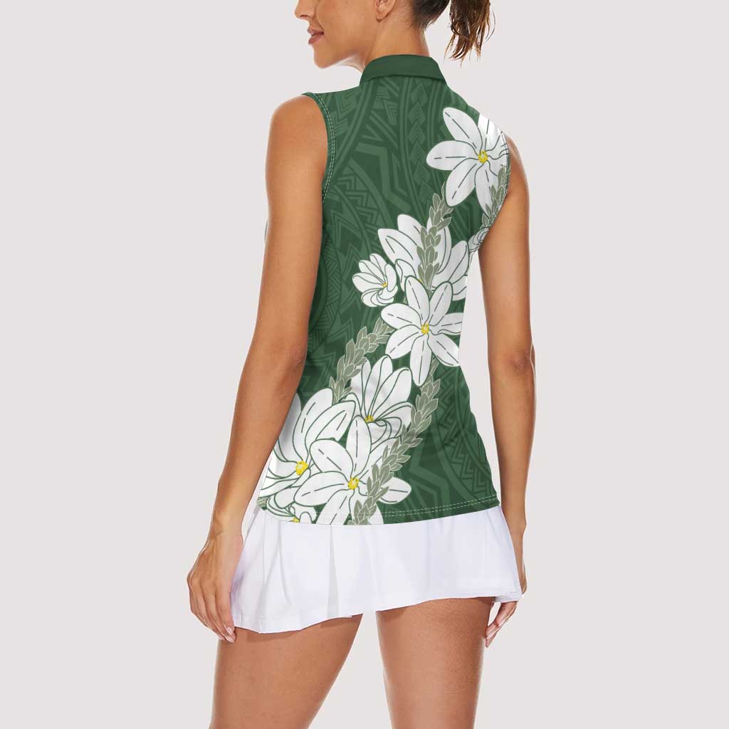 Ia Orana Tahiti Tiare Women Sleeveless Polo Shirt Sage Green Lei - Polynesian Pride