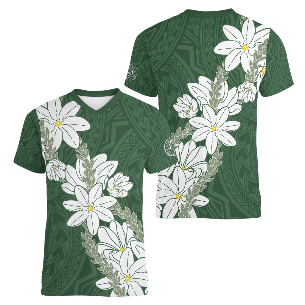 Ia Orana Tahiti Tiare Women V-Neck T-Shirt Sage Green Lei - Polynesian Pride
