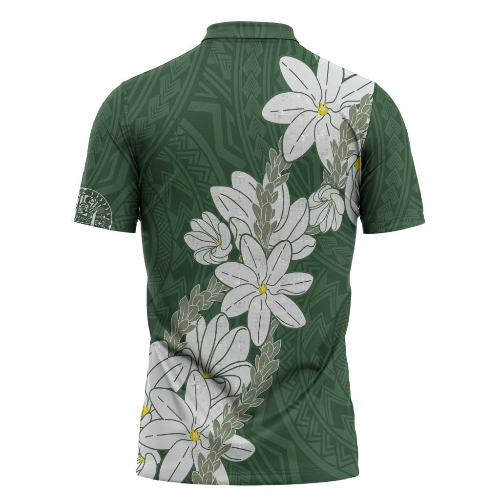 Ia Orana Tahiti Tiare Zipper Polo Shirt Sage Green Lei - Polynesian Pride