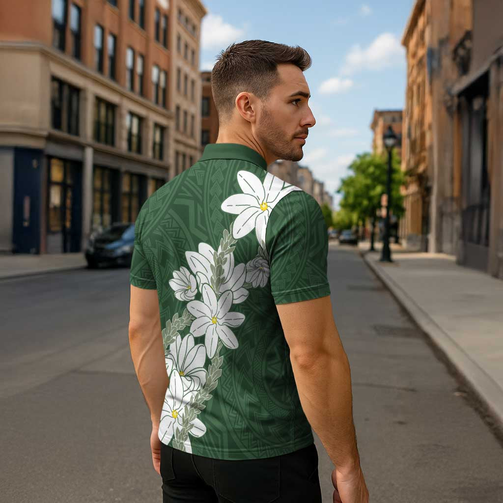 Ia Orana Tahiti Tiare Zipper Polo Shirt Sage Green Lei - Polynesian Pride