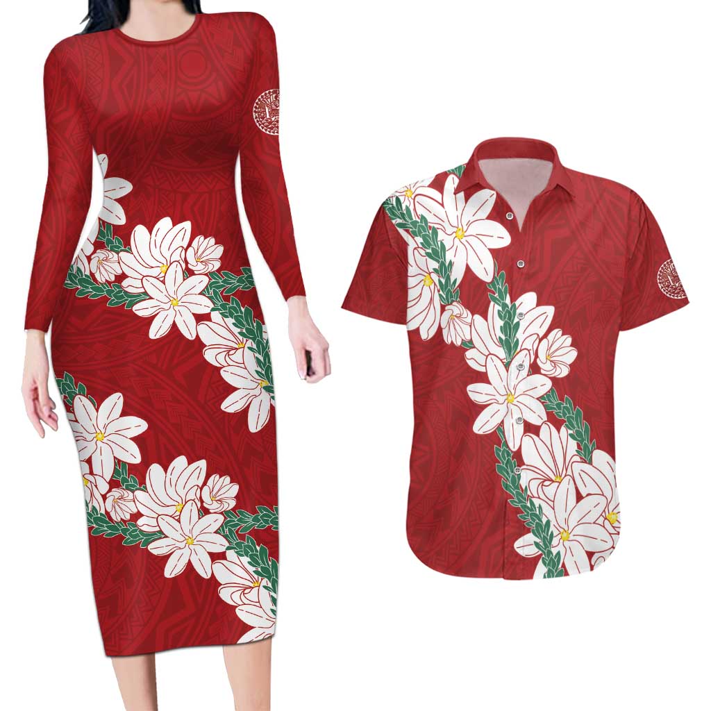 Ia Orana Tahiti Tiare Couples Matching Long Sleeve Bodycon Dress and Hawaiian Shirt Crimson Lei LT7 Red - Polynesian Pride