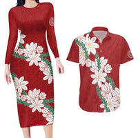 Ia Orana Tahiti Tiare Couples Matching Long Sleeve Bodycon Dress and Hawaiian Shirt Crimson Lei LT7 Red - Polynesian Pride