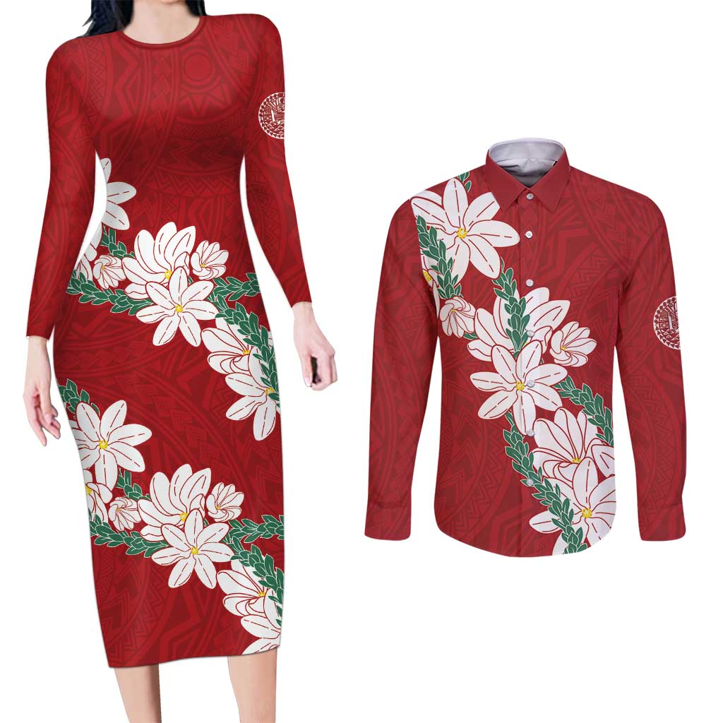 Ia Orana Tahiti Tiare Couples Matching Long Sleeve Bodycon Dress and Long Sleeve Button Shirt Crimson Lei LT7 Red - Polynesian Pride