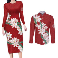 Ia Orana Tahiti Tiare Couples Matching Long Sleeve Bodycon Dress and Long Sleeve Button Shirt Crimson Lei LT7 Red - Polynesian Pride