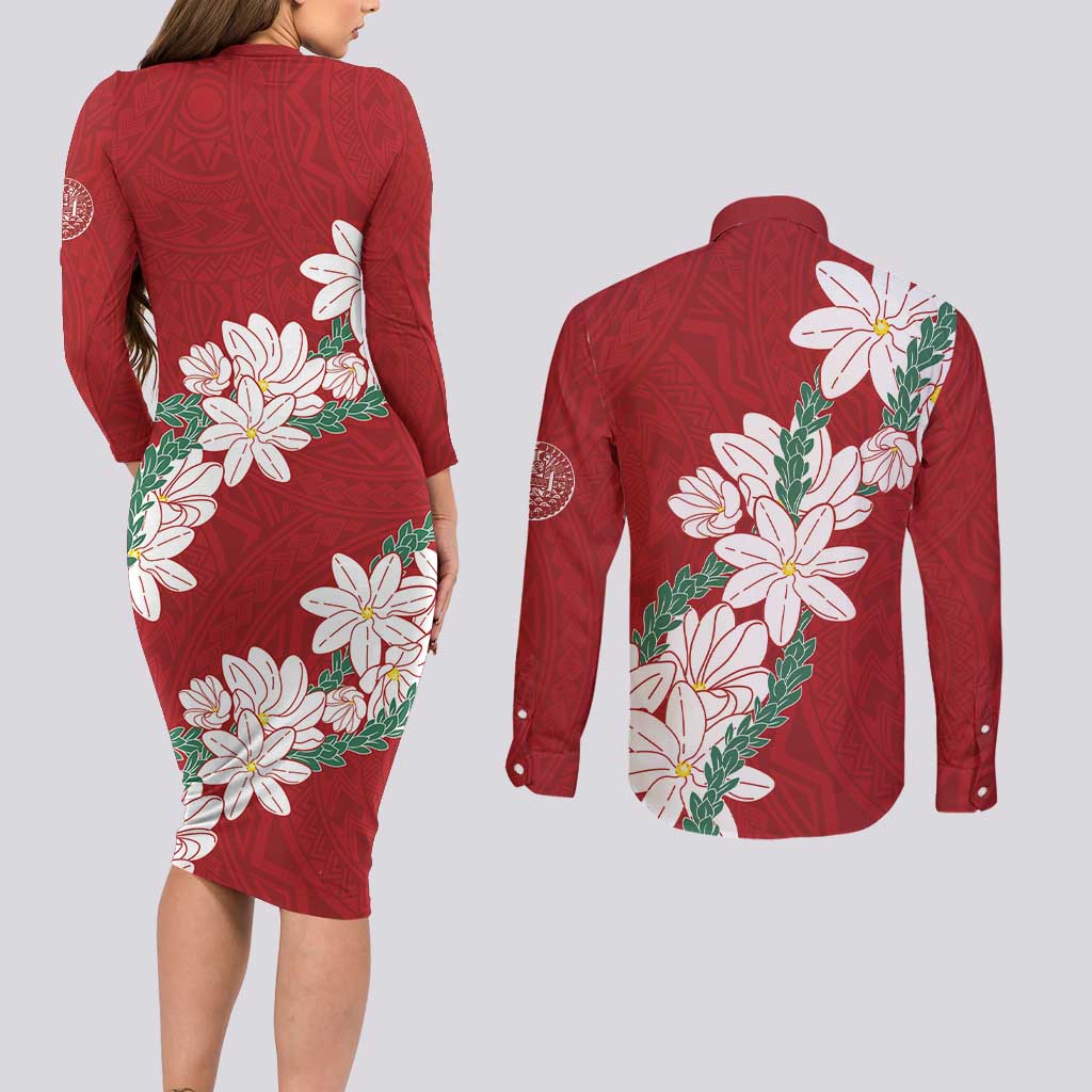 Ia Orana Tahiti Tiare Couples Matching Long Sleeve Bodycon Dress and Long Sleeve Button Shirt Crimson Lei LT7 - Polynesian Pride