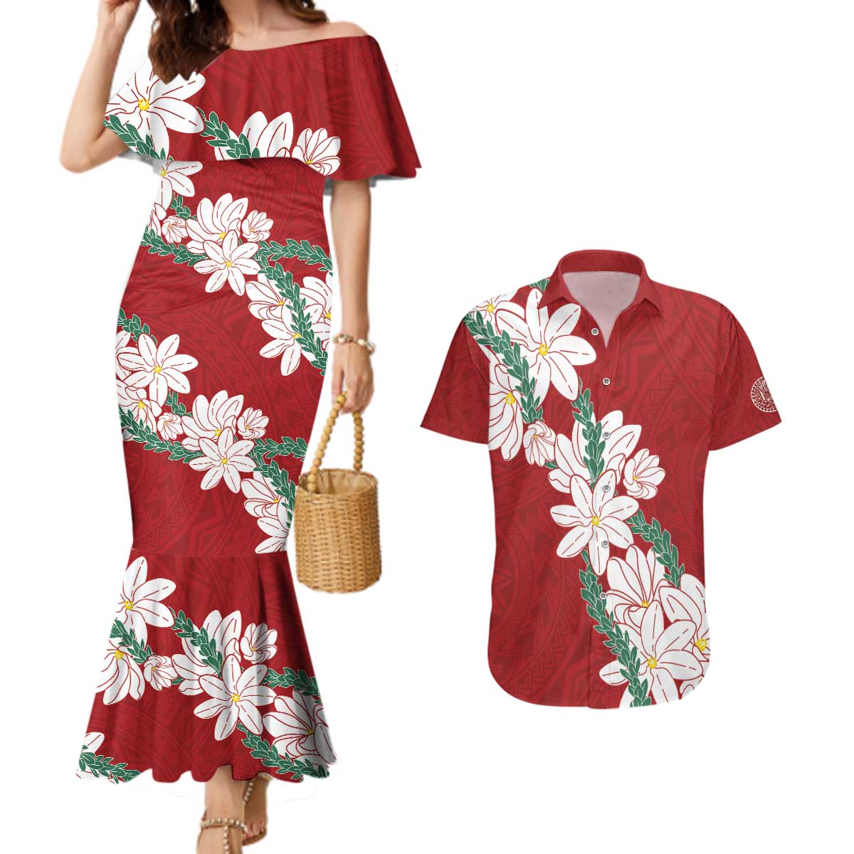 Ia Orana Tahiti Tiare Couples Matching Mermaid Dress and Hawaiian Shirt Crimson Lei LT7 Red - Polynesian Pride