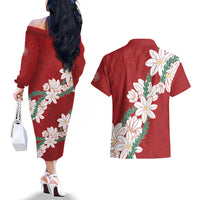 Ia Orana Tahiti Tiare Couples Matching Off The Shoulder Long Sleeve Dress and Hawaiian Shirt Crimson Lei - Polynesian Pride