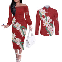 Ia Orana Tahiti Tiare Couples Matching Off The Shoulder Long Sleeve Dress and Long Sleeve Button Shirt Crimson Lei LT7 Red - Polynesian Pride