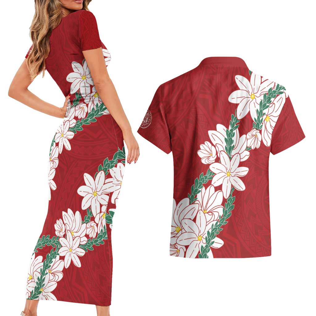 Ia Orana Tahiti Tiare Couples Matching Short Sleeve Bodycon Dress and Hawaiian Shirt Crimson Lei LT7 - Polynesian Pride
