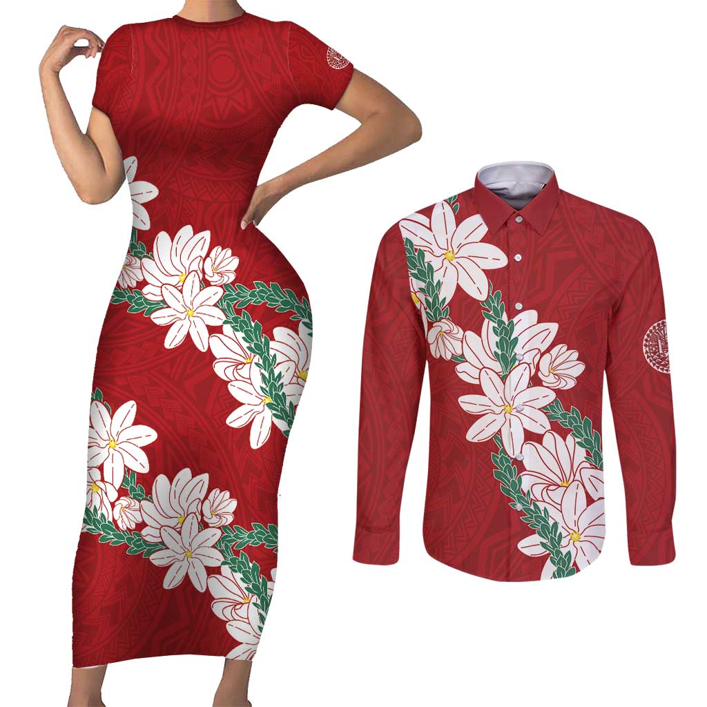 Ia Orana Tahiti Tiare Couples Matching Short Sleeve Bodycon Dress and Long Sleeve Button Shirt Crimson Lei LT7 Red - Polynesian Pride