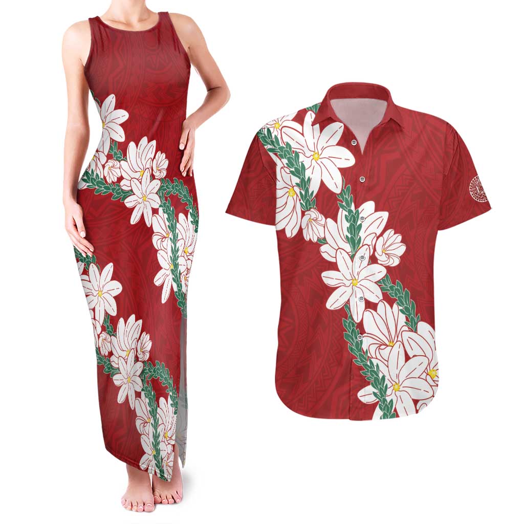 Ia Orana Tahiti Tiare Couples Matching Tank Maxi Dress and Hawaiian Shirt Crimson Lei LT7 Red - Polynesian Pride