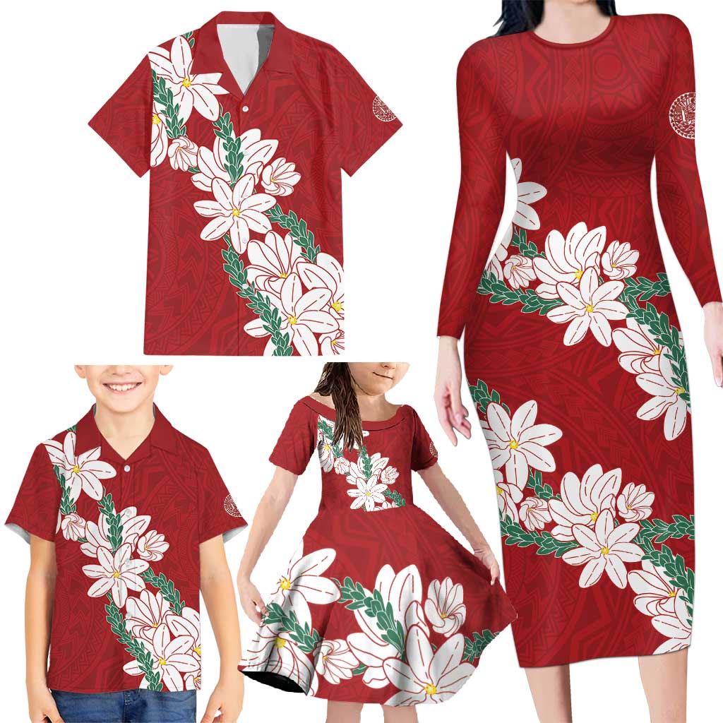 Ia Orana Tahiti Tiare Family Matching Long Sleeve Bodycon Dress and Hawaiian Shirt Crimson Lei - Polynesian Pride