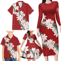 Ia Orana Tahiti Tiare Family Matching Long Sleeve Bodycon Dress and Hawaiian Shirt Crimson Lei - Polynesian Pride