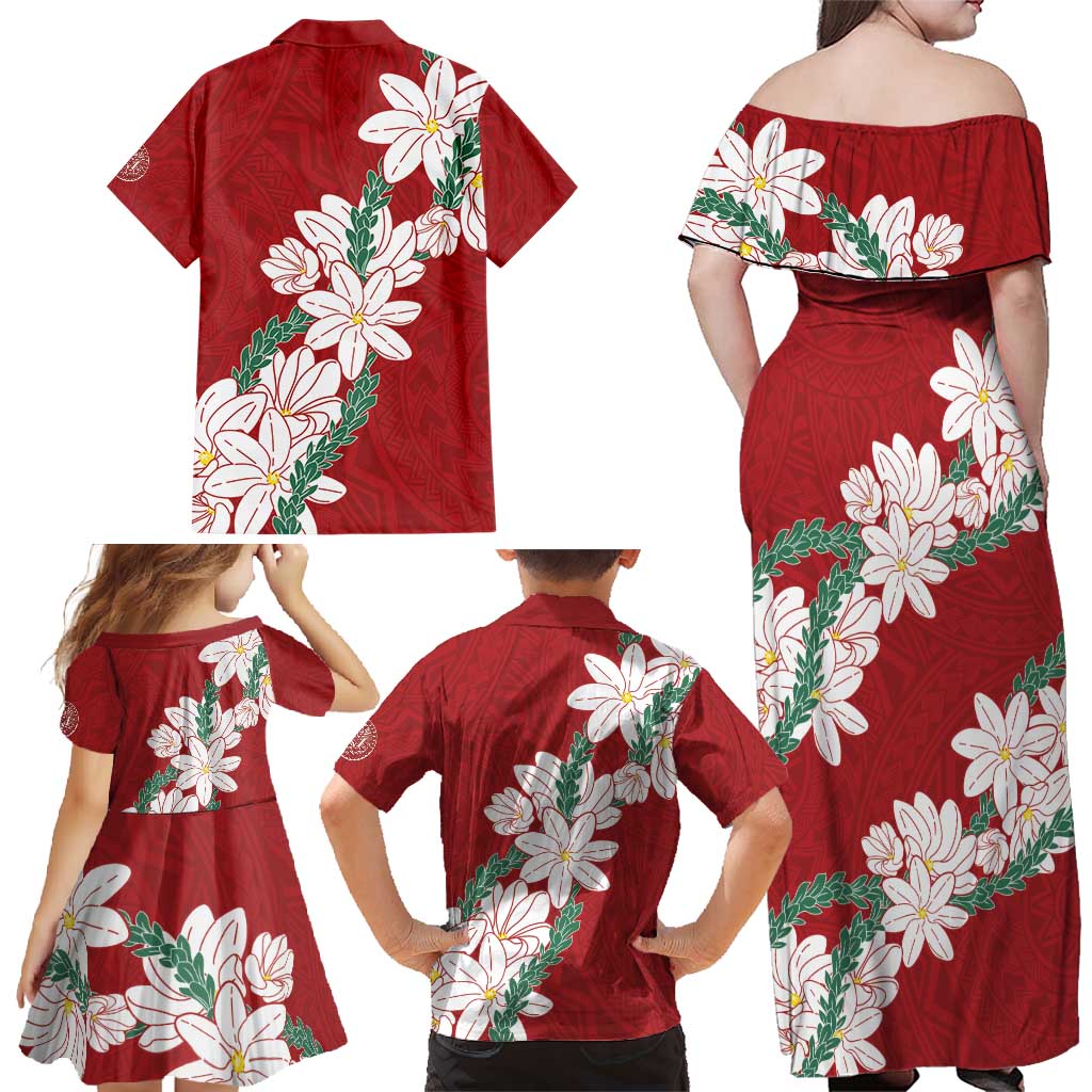 Ia Orana Tahiti Tiare Family Matching Off Shoulder Maxi Dress and Hawaiian Shirt Crimson Lei - Polynesian Pride
