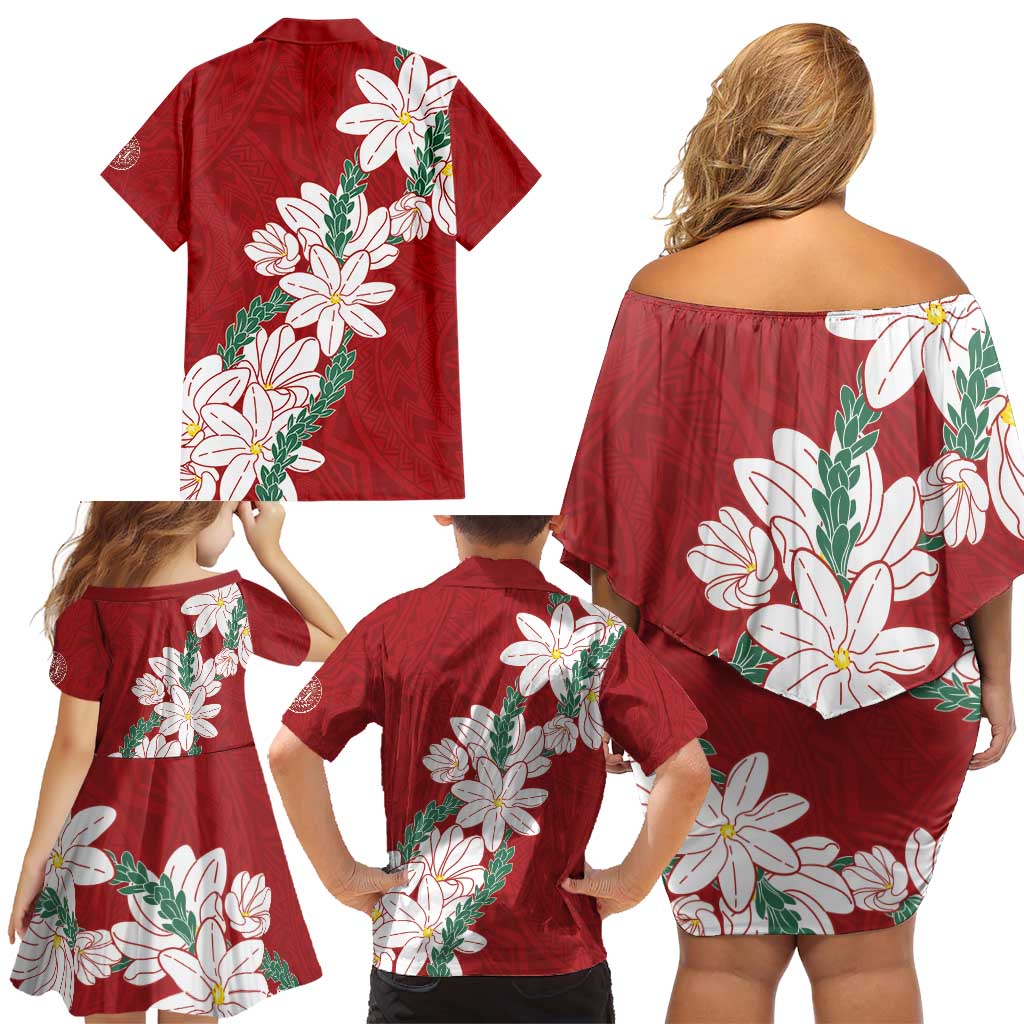Ia Orana Tahiti Tiare Family Matching Off Shoulder Short Dress and Hawaiian Shirt Crimson Lei - Polynesian Pride