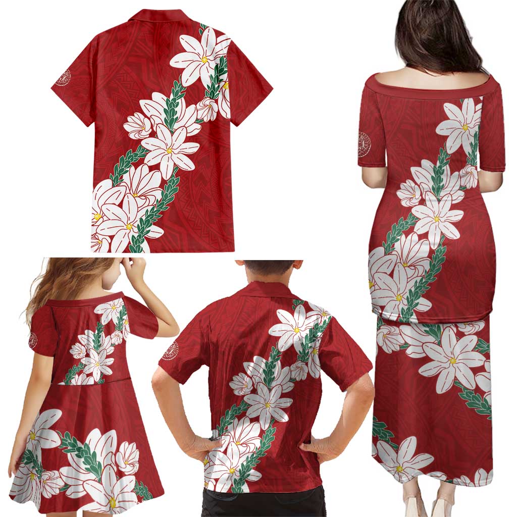 Ia Orana Tahiti Tiare Family Matching Puletasi and Hawaiian Shirt Crimson Lei - Polynesian Pride