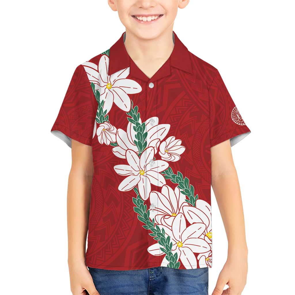 Ia Orana Tahiti Tiare Family Matching Summer Maxi Dress and Hawaiian Shirt Crimson Lei - Polynesian Pride