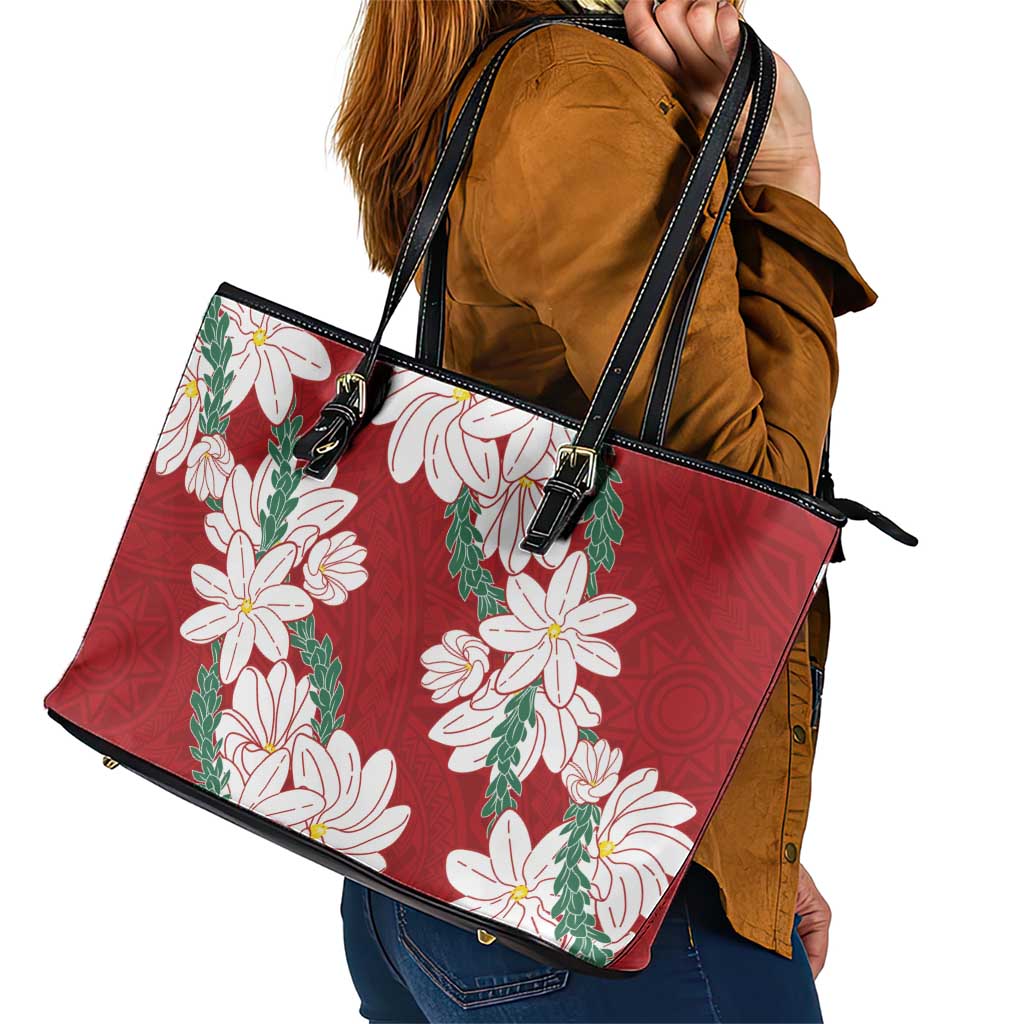 Ia Orana Tahiti Tiare Leather Tote Bag Crimson Lei - Polynesian Pride