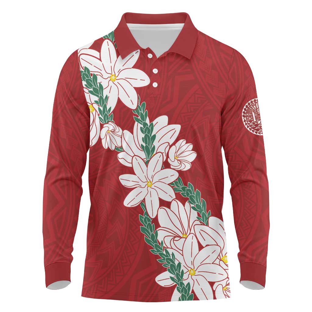 Ia Orana Tahiti Tiare Long Sleeve Polo Shirt Crimson Lei - Polynesian Pride